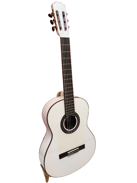 Guitarra Flamenca Caro Modelo Albina – Tapa Maciza de Pino Abeto Alemán, Cuerpo de Ciprés Laminado, Color Blanco (Tamaño 4/4)